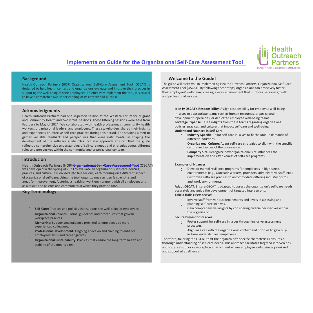 Organizational Self-Care Assessment Tool Implementation Guide